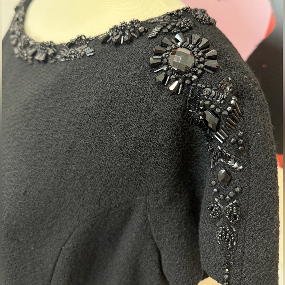 Insane Vintage Black Wool Beaded Sheath Dress Mid-Century Handmade Con Matic Zip - Picture 5 of 17